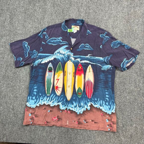 Paradise Found Shirt Mens 2XL XXL Blue Hawaiian Surfboard Surfer Print Button Up - Picture 2 of 14